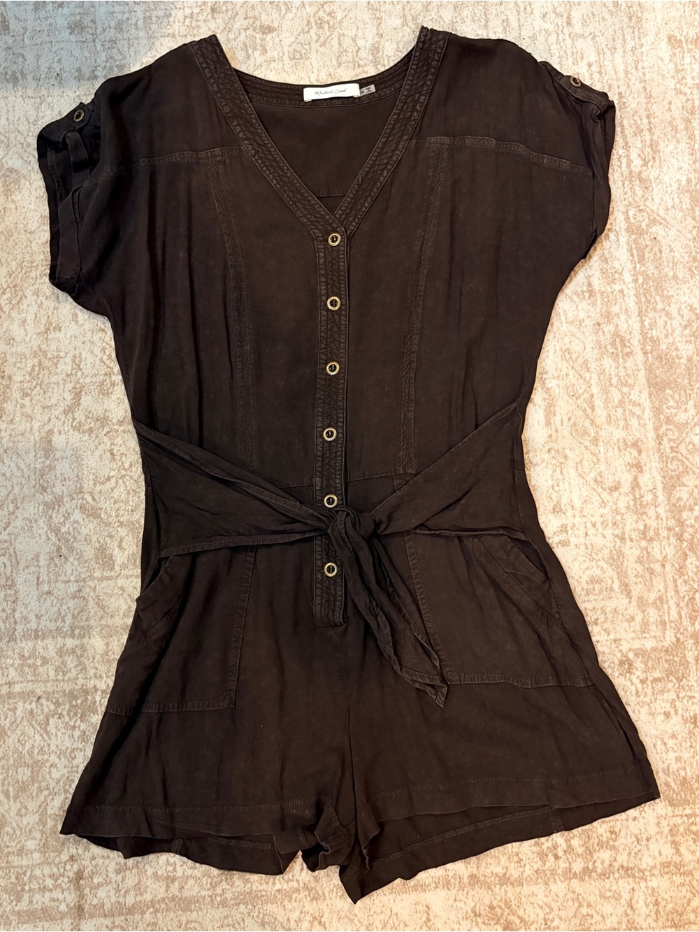 Mustard Seed Black V-Neck Short Sleeve Romper with Tie Waist